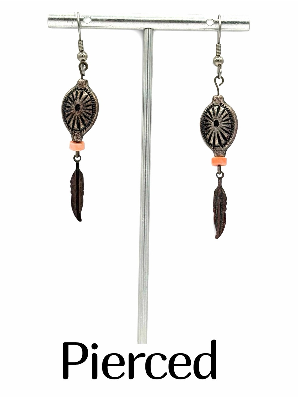 Bohemian-style Silver Earrings Orange Sunburst Concha Design Silver Feather
